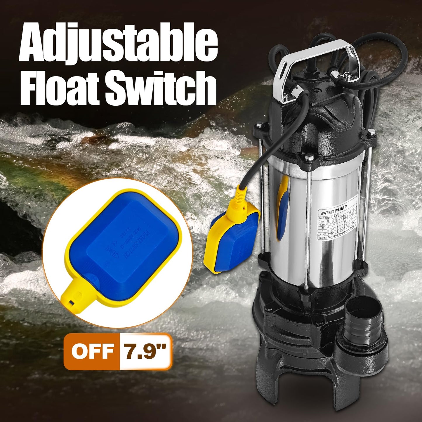 4PN 4755 GPH Submersible Water Pump With Float Switch Replacement for 4-PN 50PN2.4S Sump Pump, Cast Iron and Stainless Steel, 2" Discharge, H Max 44ft, 115V, 1/2 HP