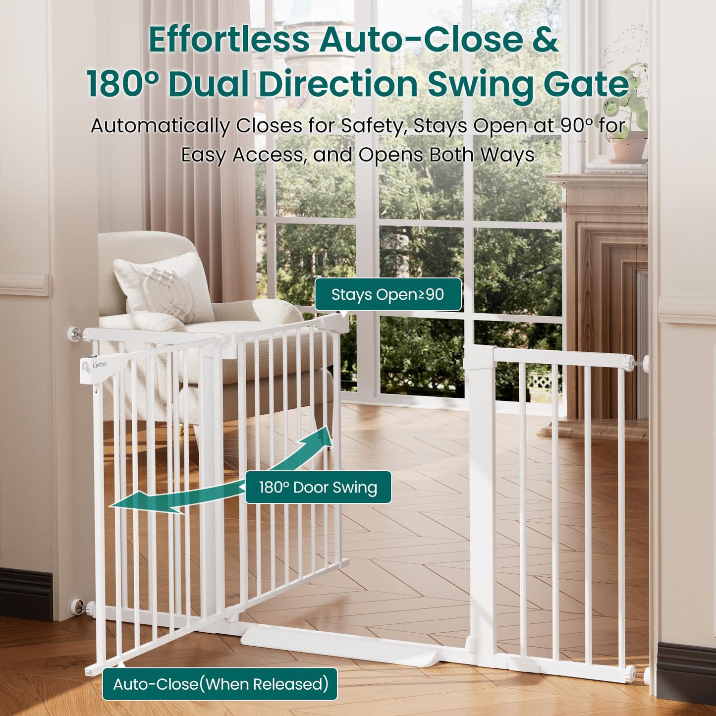 Cumbor 30-54" Extra Wide Baby Gate for Stairs, Dual Lock & Self-Closing Dog Gate Indoor, Easy Install Pet Gate for Doorways, Hallways & Kitchen, Easy Walk Thru Safety Proofing for Babies & Pets, White