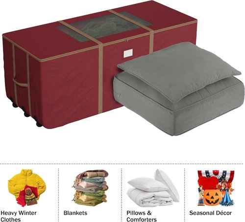 Elf Stor Christmas Tree Storage Tote with Wheels - Rolling Holiday Container for 9-Foot Faux Trees & Decor | Red