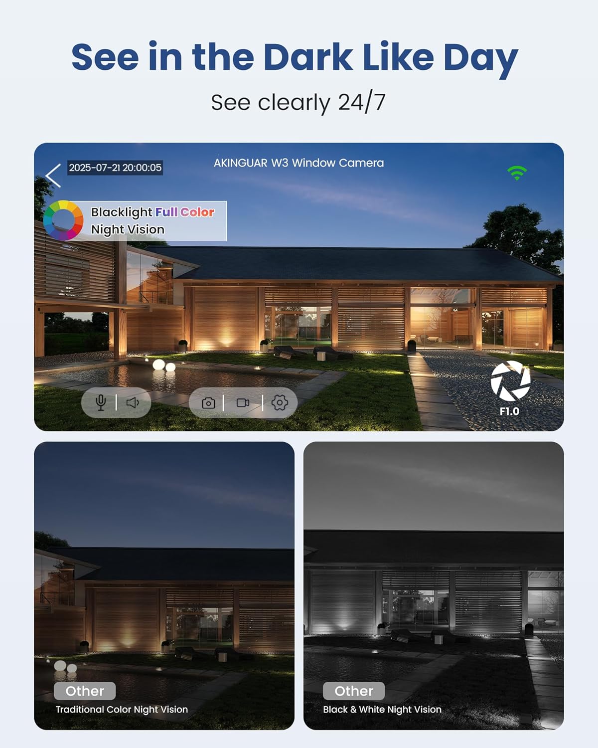 AKINGUAR 3MP 2K WiFi6 24/7 Window Camera, Indoor Camera for Home Security, with Full-Color Night Vision, AI