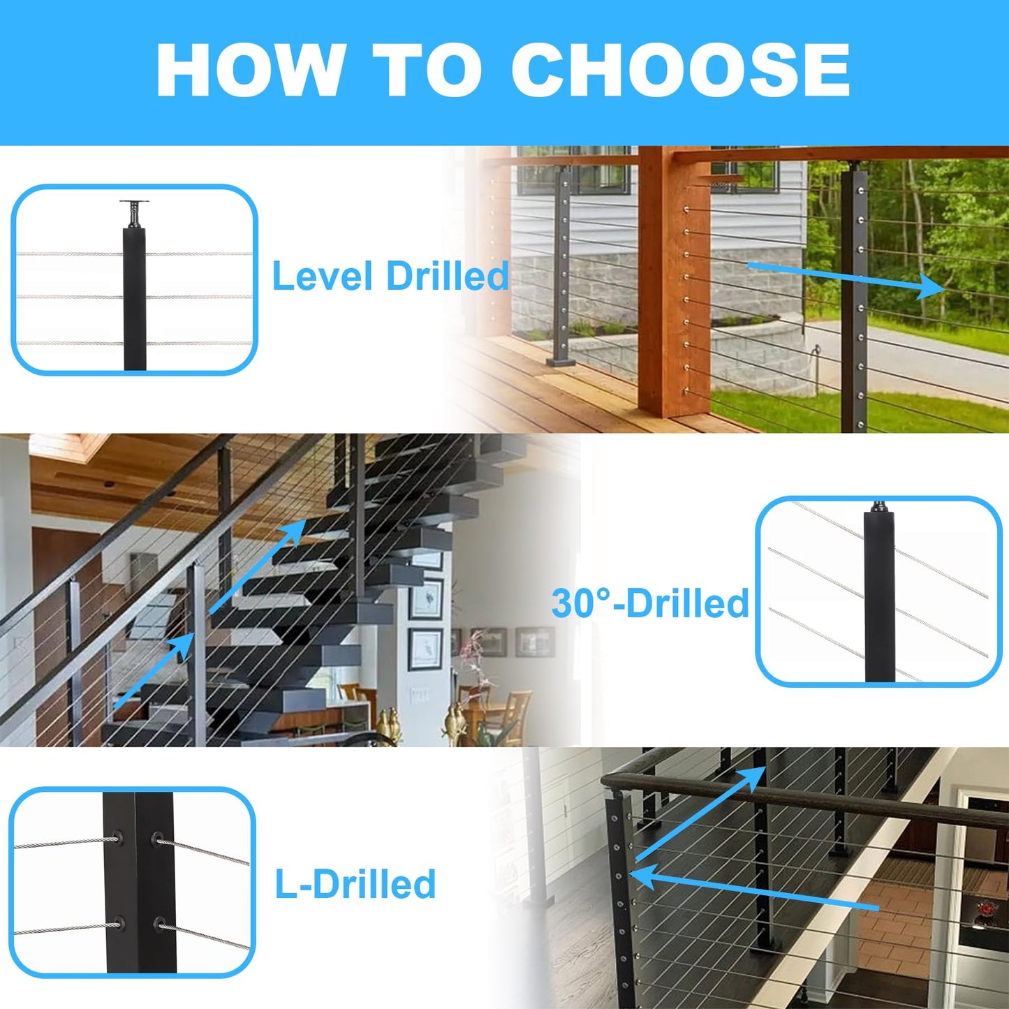 Sidasu 36" Corner Post L-Drilled Cable Railing Post with Fixed Top Mount - Stainless Steel, Black Finish