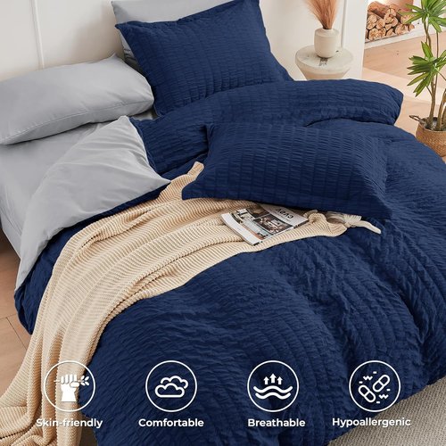 HYMOKEGE Queen Comforter Set - Navy Blue & Light Grey Seersucker - 7-Piece All-Season Luxury Bedding Set