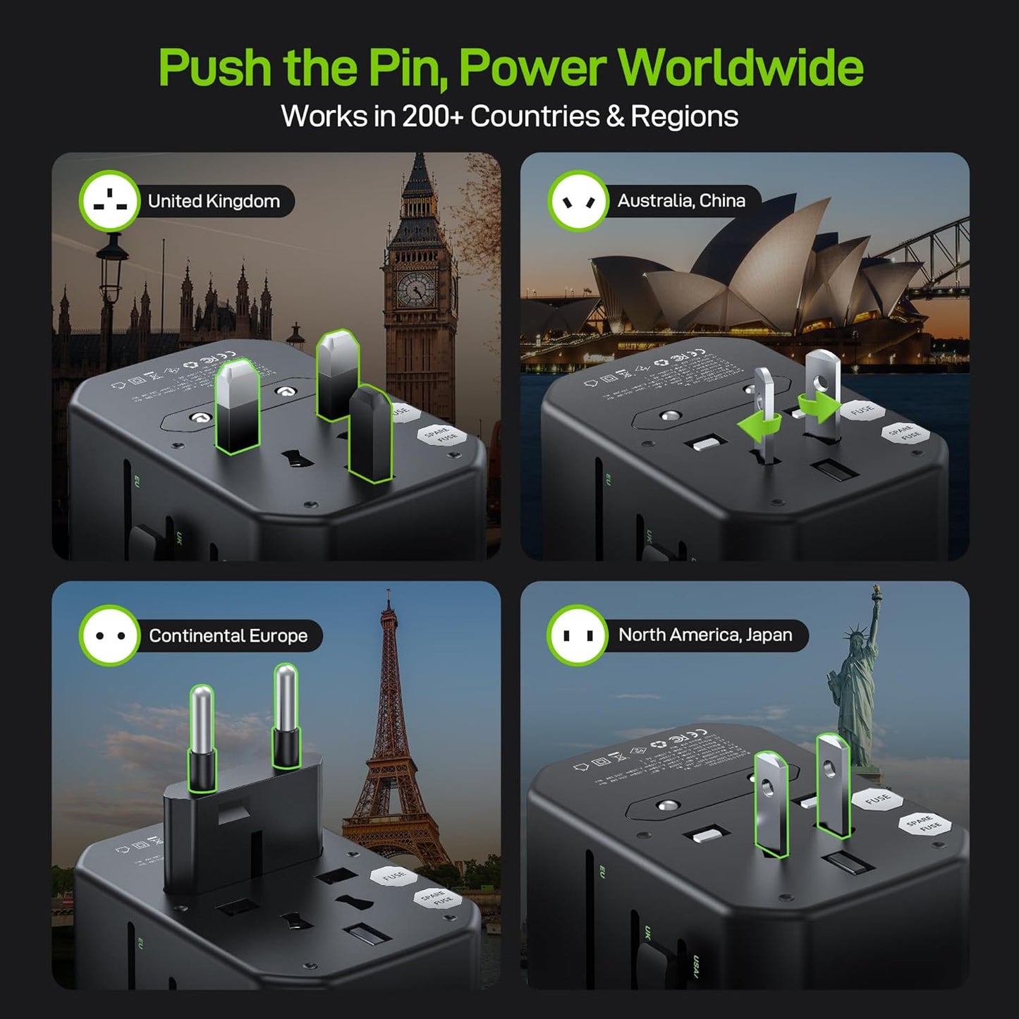 EPICKA 45W 5-Port (1 AC/2 USB-A/2 Pulse International Power Adapter, Universal Travel Adapter with PD Fast Charging