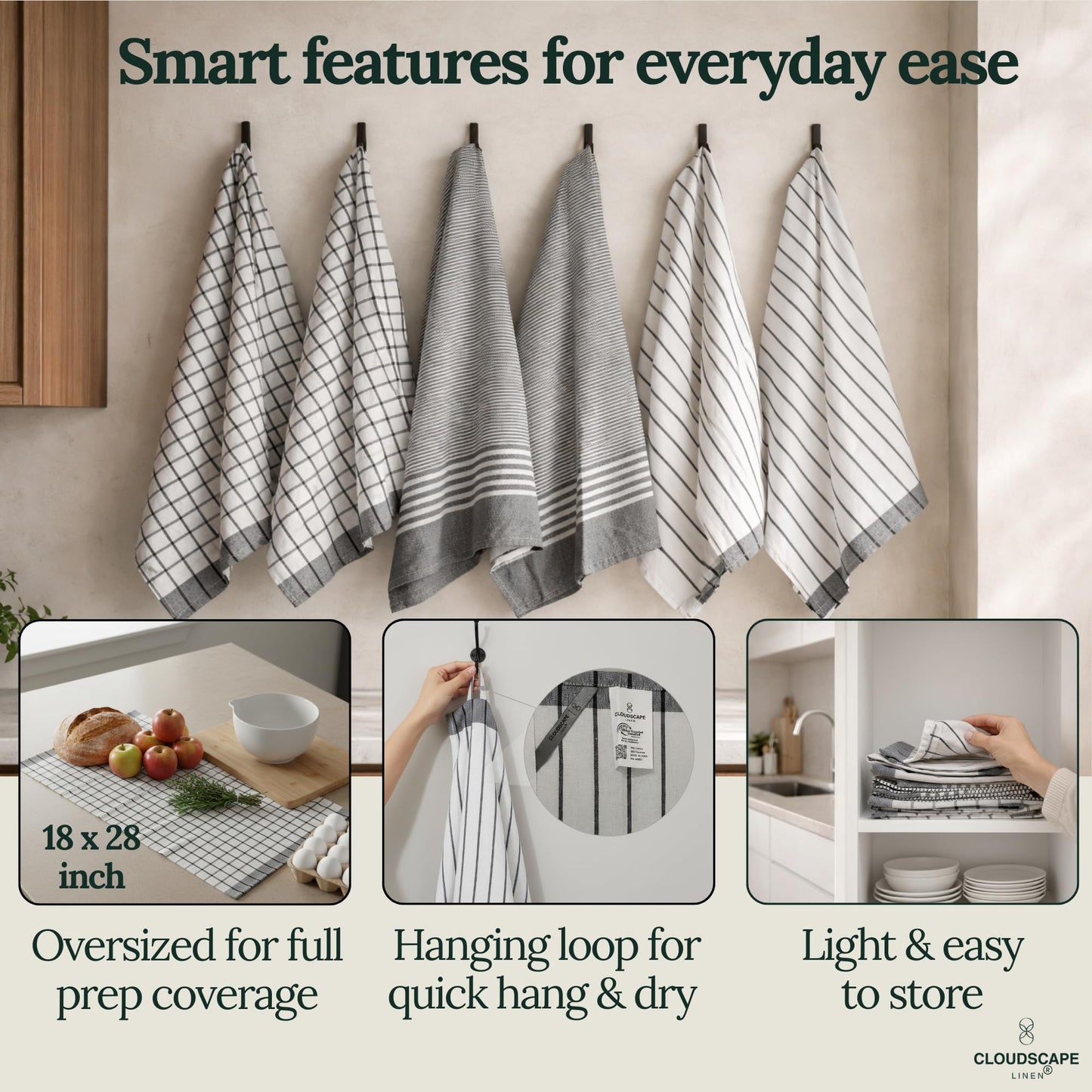 CLOUDSCAPE Kitchen Towels, Set of 6, Premium Cotton Dish Towels for Kitchen, 18" x 28" Oversized Hand Towel, Quick Absorbent & Drying Tea Towel with Hanging Loop - Grey