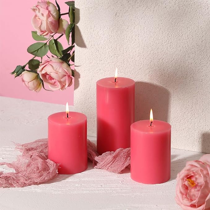 3x4 Inch Pink Pillar Candles Set of 3-Decorative Unscented Pillar Candle, Long Burning Dripless Candles for Table Decor, Smokeless Large Pillar Candle for Wedding Table, Dinner, Valentines Decor