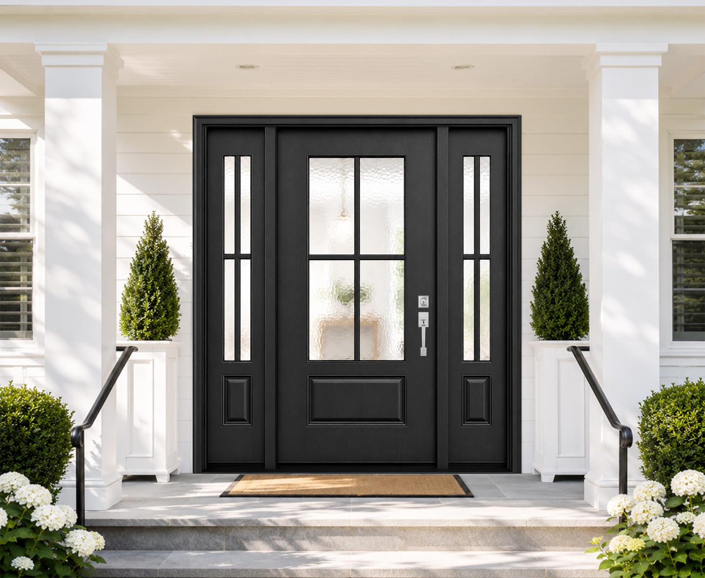 Exterior Fiberglass Front Door 68x80in, Left-Hand Inswing Black Entry Door with 14'' sidelites, Textured Finished with Hammered Glass Knock-Down Entry Door, Vinyl Frame and Brickmould Included