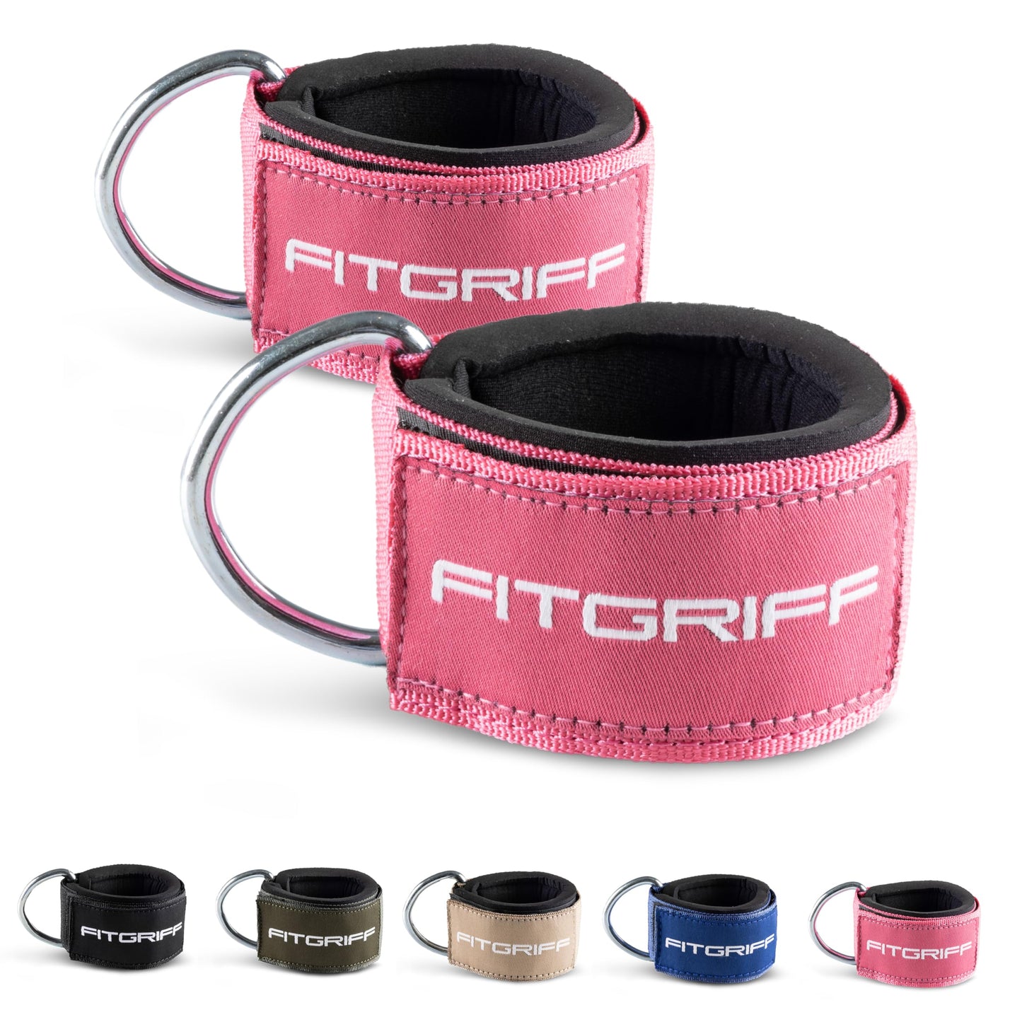 Fitgriff® Ankle Straps V2 for Cable Machine (2 Pieces) - Gym Workout Equipment - Leg Pulley Attachment, Kickback Straps (Pink)