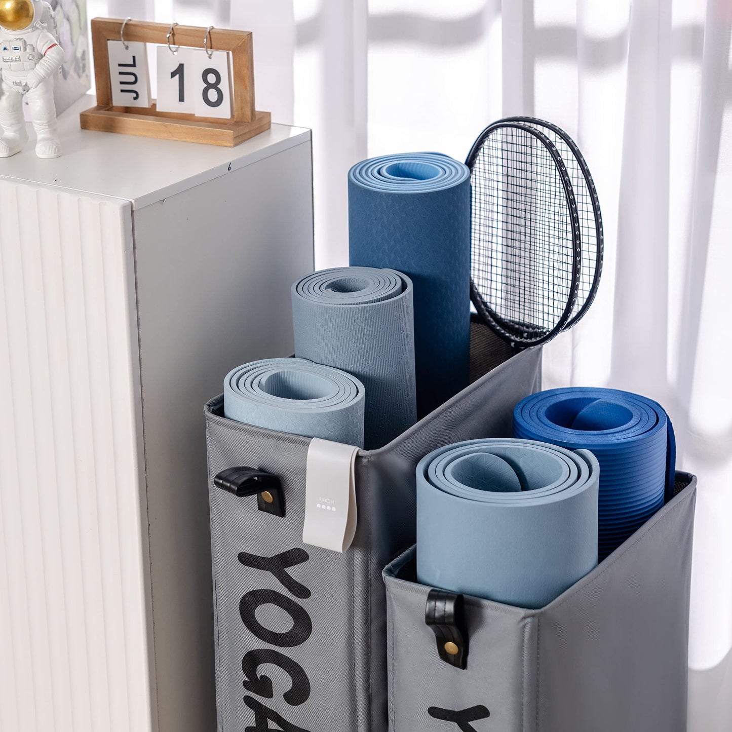 Caroeas 22 inches Yoga Mat Storage Basket, Large Yoga Mat Holder Accessories, Home Gym Equipment Storage Yoga Mats, Women Men Workout Equipment Organization with 4 Wheels, Dark Gray