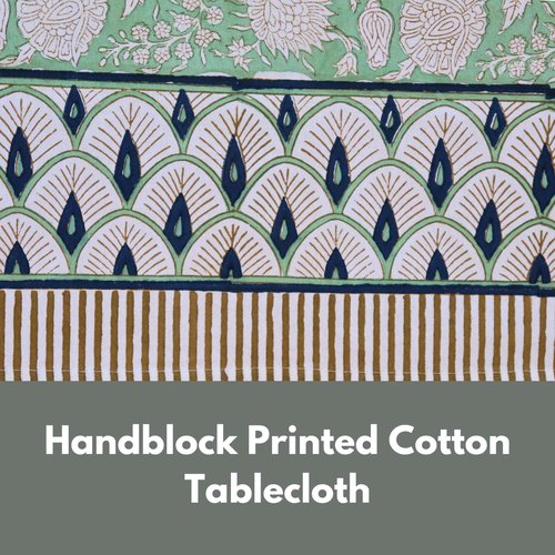Handblock Print Cotton Tablecloth – 72x135 Rectangle Table Cover Seats 8-10 – Indian Block Printed Floral Dining Table Linen – Boho Washable Cloth for Kitchen, Party, Outdoor (Green)