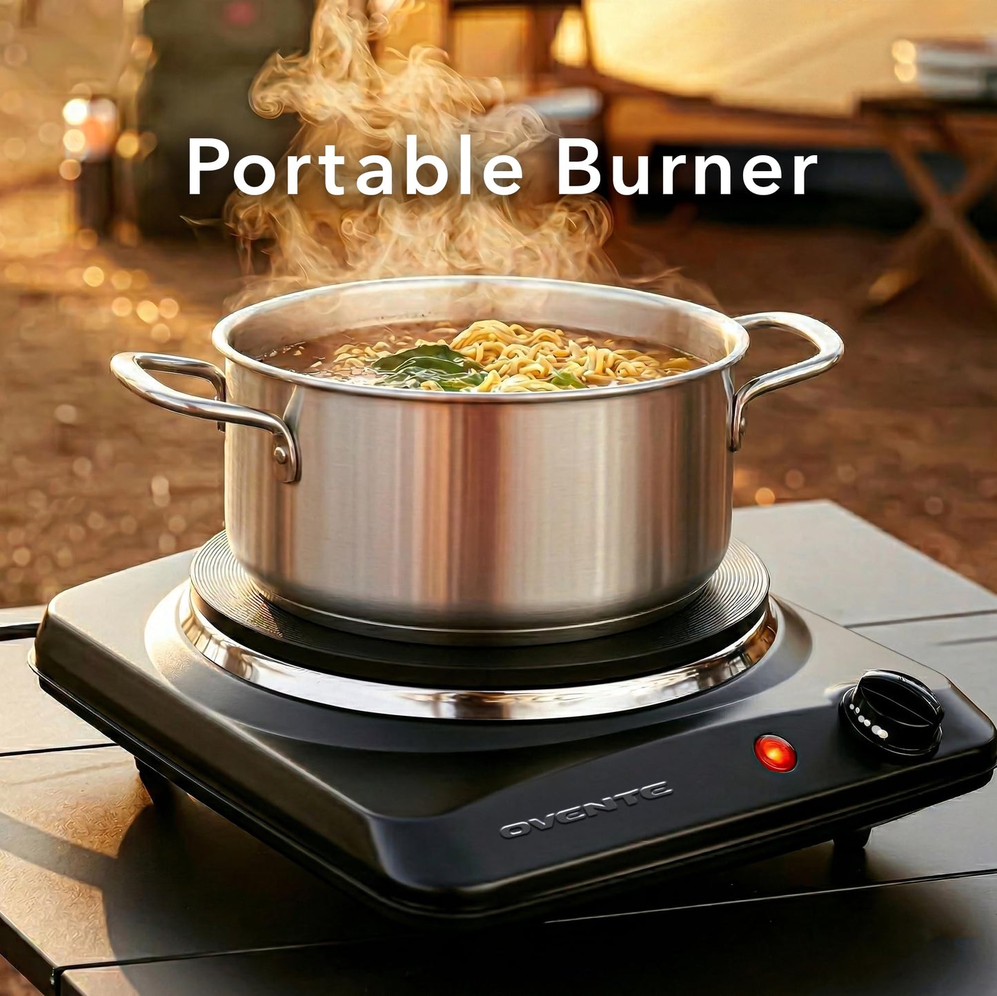 OVENTE Electric Countertop Single Burner, 1000W Cooktop with 7.25 Inch Cast Iron Hot Plate, 5 Level Temperature Control, Compact Cooking Stove and Easy to Clean Stainless Steel Base, Black BGS101B