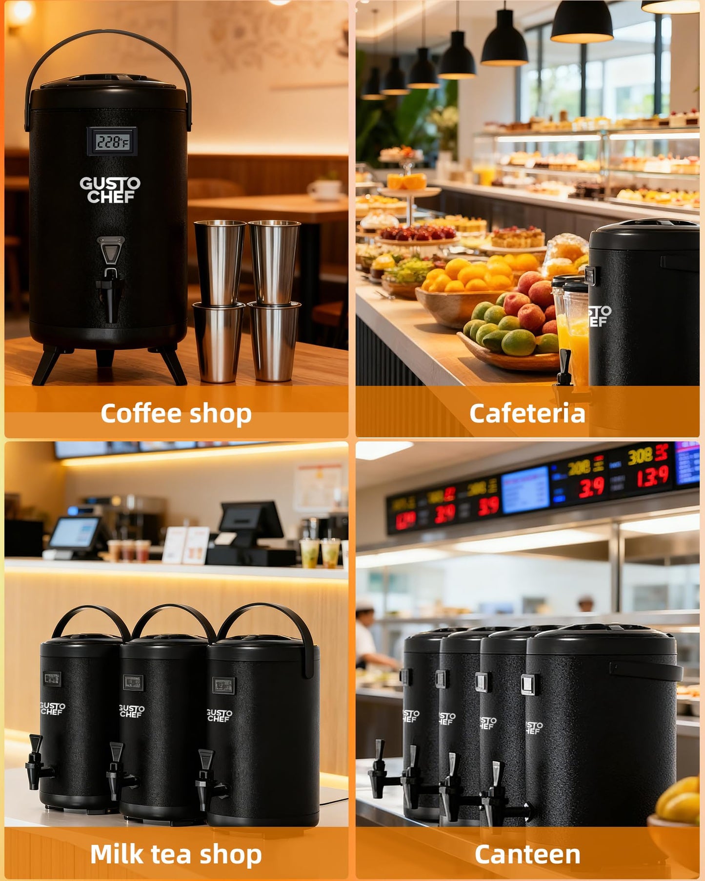 GUSTOCHEF Insulated Beverage Dispenser 3 Gallon,Hot&Cold Drink Dispenser with Spigot,LCD Thermometer,Stainless Steel Triple-Layer Insulation,for Tea Coffee Milk Juice,Party Buffet(Black, 2 Pack)