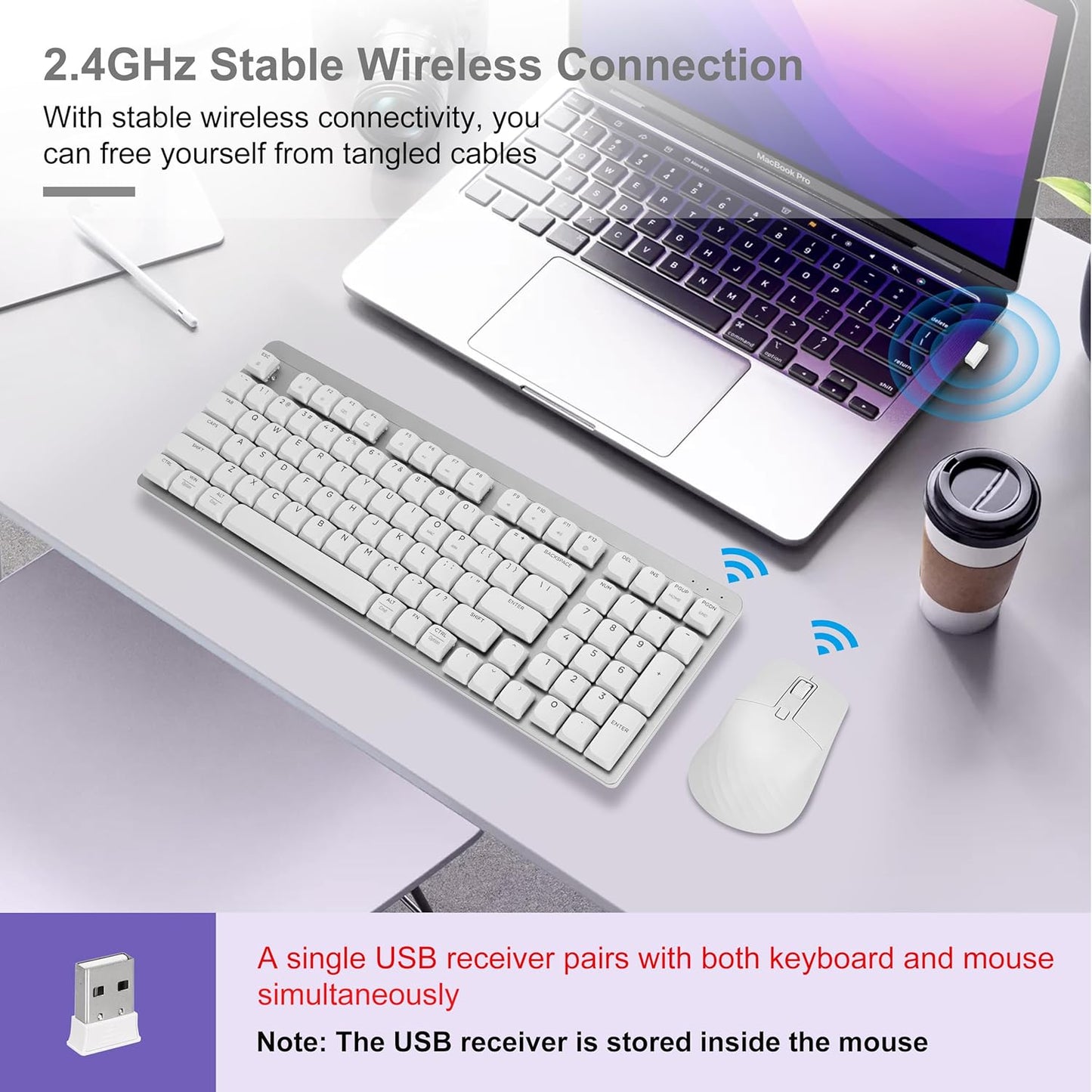 LeadsaiL 2.4Ghz 98-Key Wireless Keyboard and Mouse Combo, Cordless Mechanical Keyboard and Silent Mouse for Business