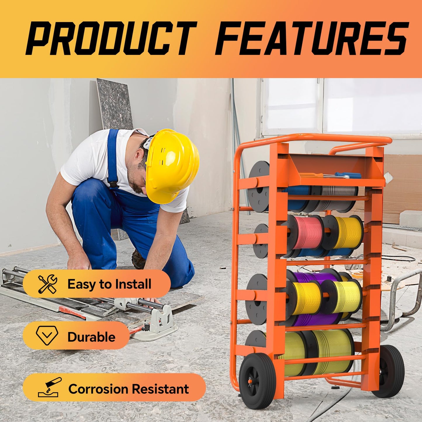Wire Spool Rack Cable Caddy,Portable Wire Rack Dispenser with Wheel, Automotive Wiring Storage, Multi-Spool Wire/Cable Dispenser, Electrical Wire Spool Holder Cart with Storage Tray (Orange)