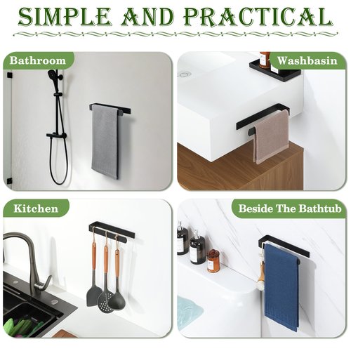 Alise Hand Towel Holder Self Adhesive Towel Bar Towel Hanger for Bathroom Wall,SUS304 Stainless Steel Towel Rack Towel Ring for Kitchen Cabinet Glass Door Wash Basin Side,Matte Black,No Drilling