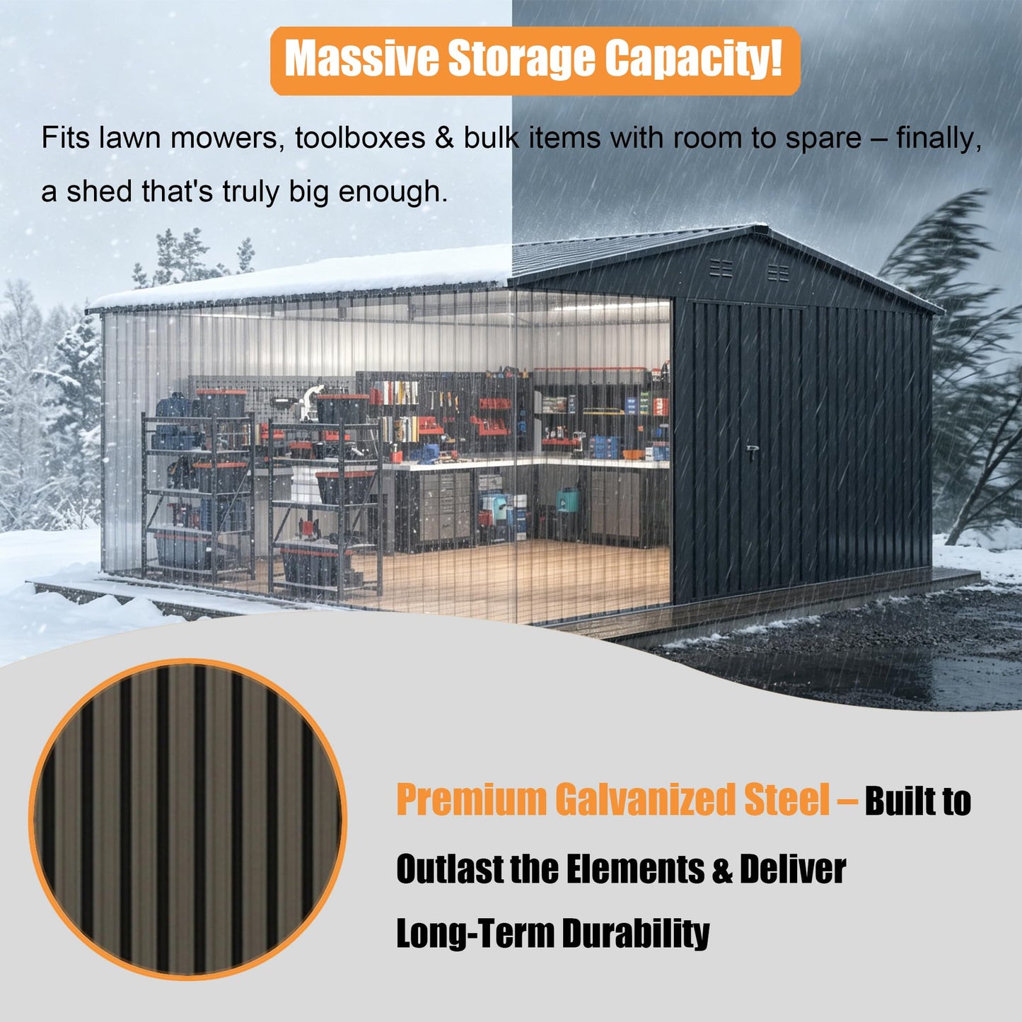 EASYHAWK 14x12 FT Outdoor Storage Shed, Metal Garden Shed with Lockable Door & Sloped Roof, Large Waterproof Utility Tool Shed for Backyard, Garden, Patio, Lawn, Black