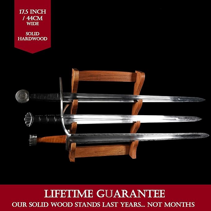 Mythrojan Solid Wood Sword Stand Medieval Sword Wall Mount Samurai Sword Display Stand Katana Sword Holder Gladiator Sword Wall Display Crusader Sword Stand Knife Stand for Display - Three Tier Stand