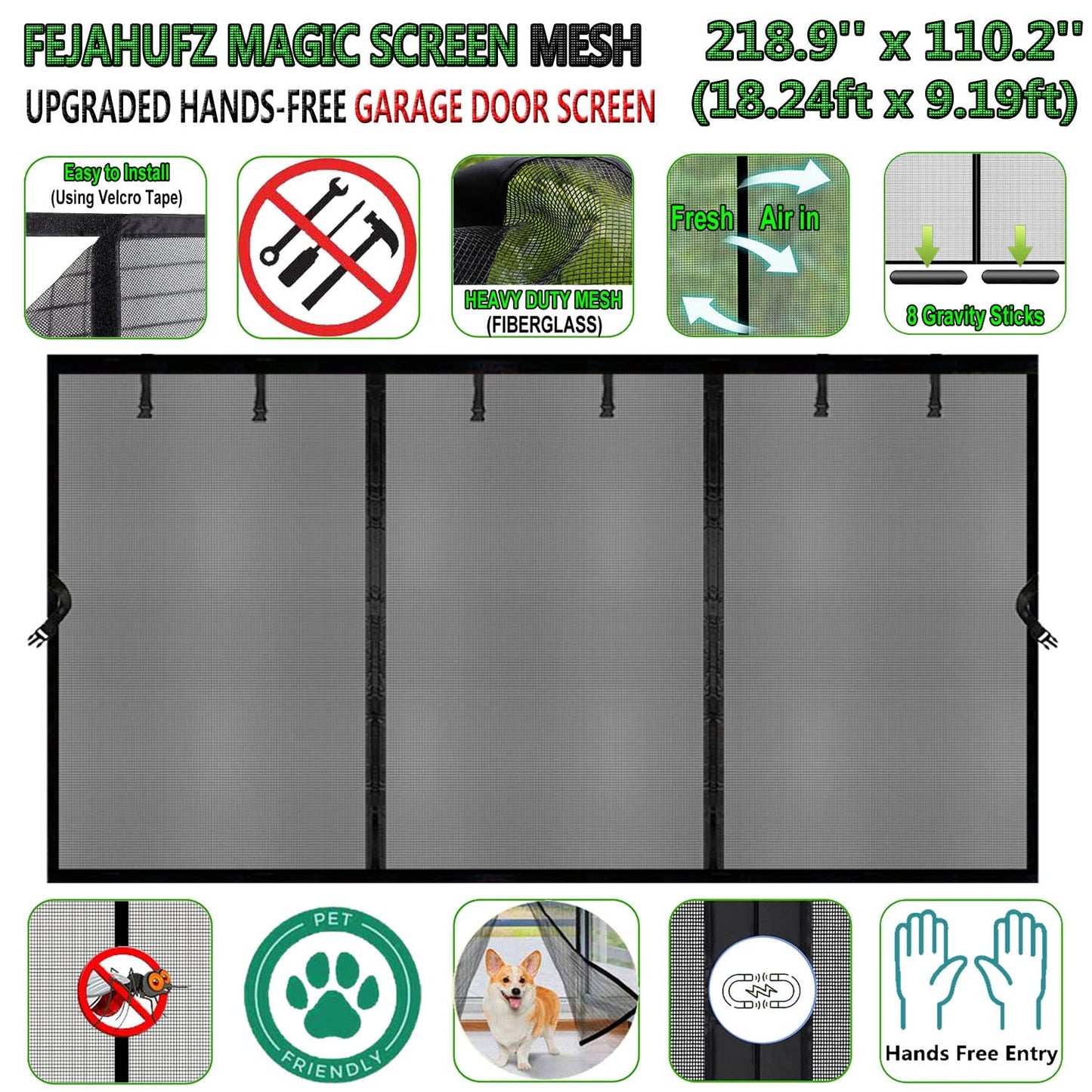 Magnetic Garage Door Screen 18x9ft for 2 Car Garage Retractable, Durable Heavy Duty Fiberglass Screen Mesh with Strong Magnets for Garage Door, Easy to Install (18x9ft Black)