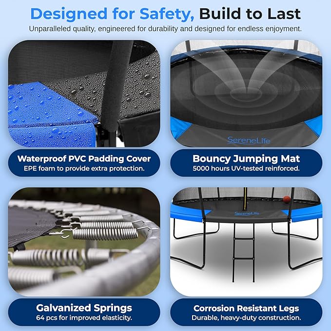 SereneLife 8FT 10FT 12FT 14FT Outdoor Trampoline for Kids - Recreational Backyard Trampoline with Curved Safety Poles, Net Enclosure, Ladder & Basketball Hoop - ASTM Approval for Kids Adults