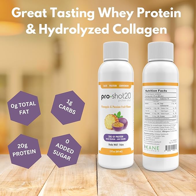 Pro-Shot20 Protein Shot Pineapple & Passion Fruit Flavor, 60 mL, 12-Pack- 20g Whey Protein & Hydrolyzed Collagen Drink- Low Calorie, Low Carb, Gluten Free, No Aspartame, Ready to Drink