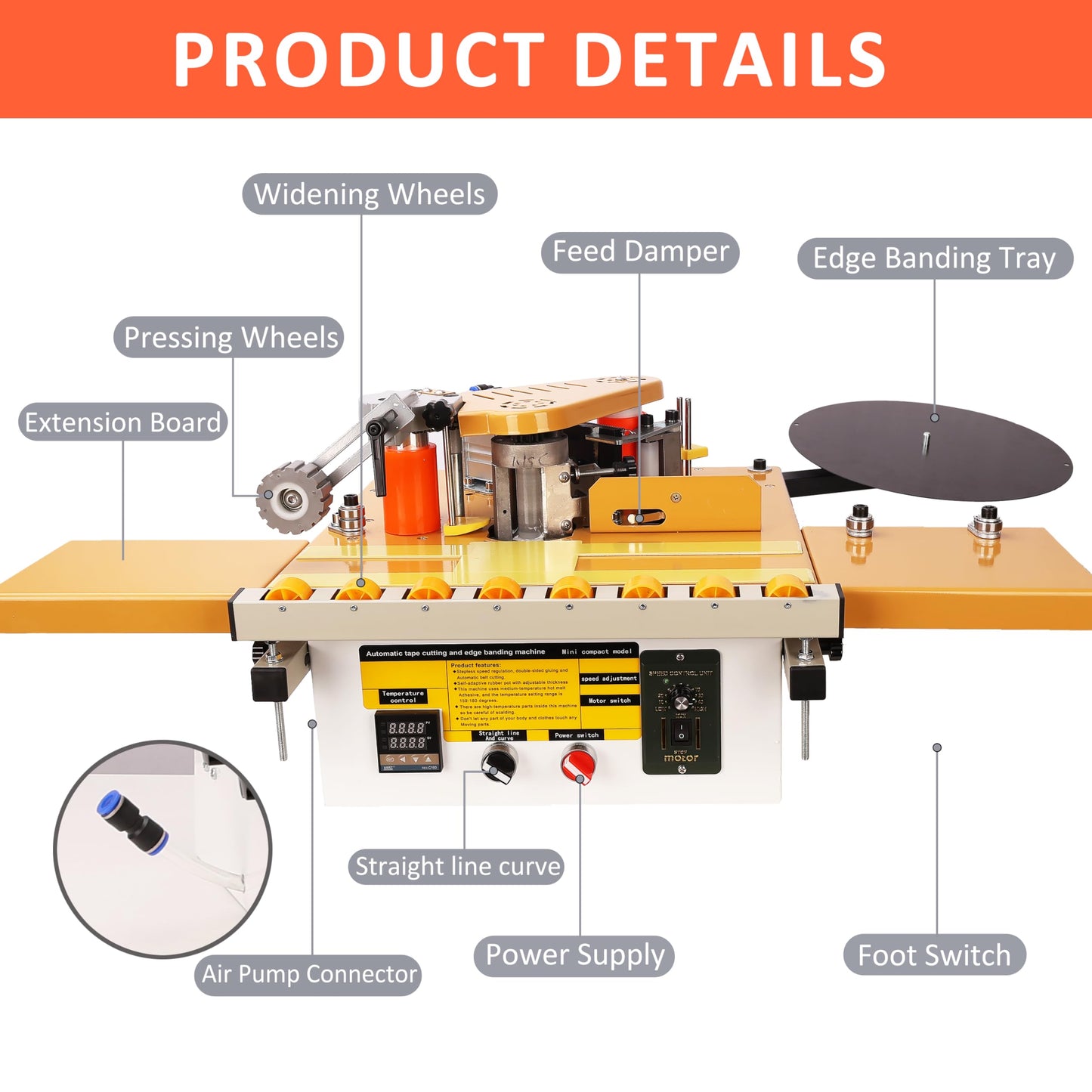 Edge Banding Machine, Portable Woodworking Edge Bander Curve Straight, Dual-Side Glue Application, Automatic Tape Breaking&Intelligent Temperature Control & Adjustable Speed 5-10m/min (110V)