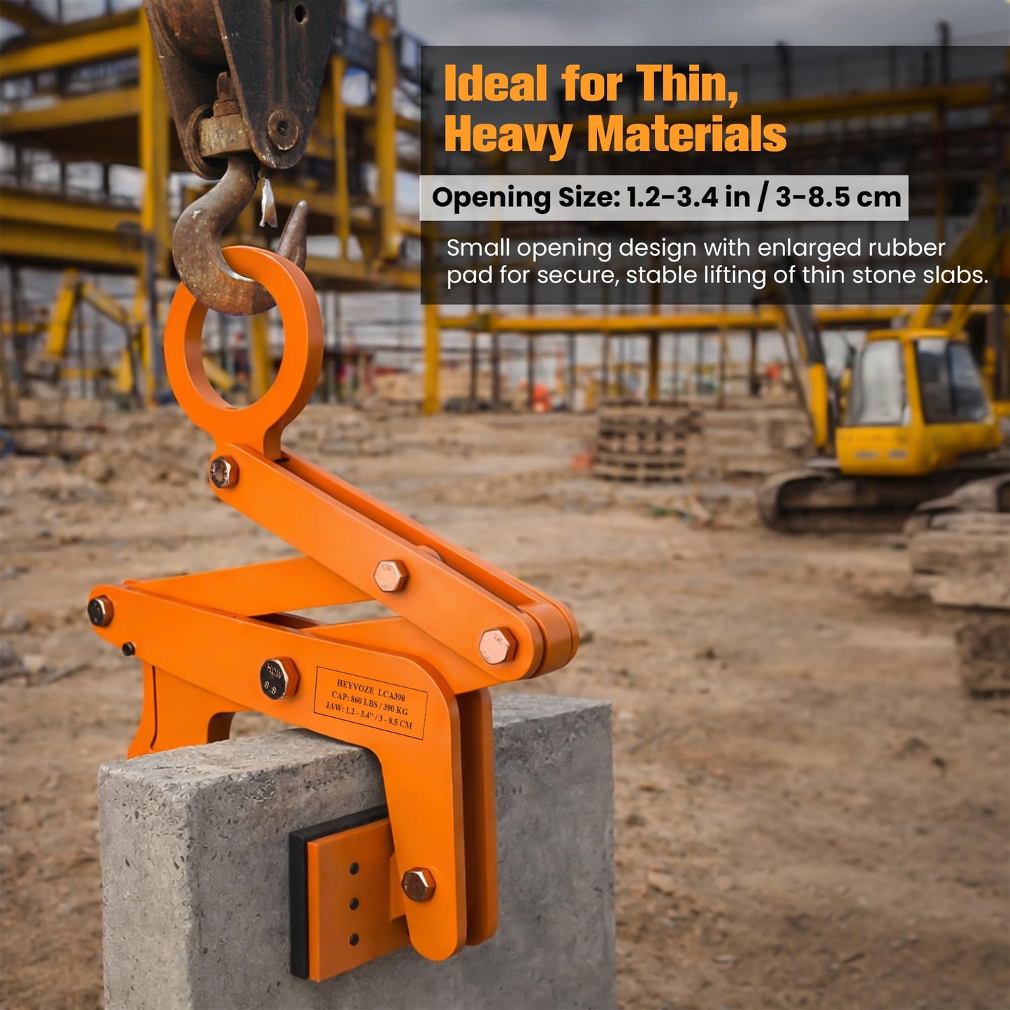 HEYVOZE 860 lbs Granite Slab Lifting Clamp, 1.2–3.4 in Opening A-Type Stone Lifting Clamp, for Stable Handling of Granite, Marble, and Concrete Slabs
