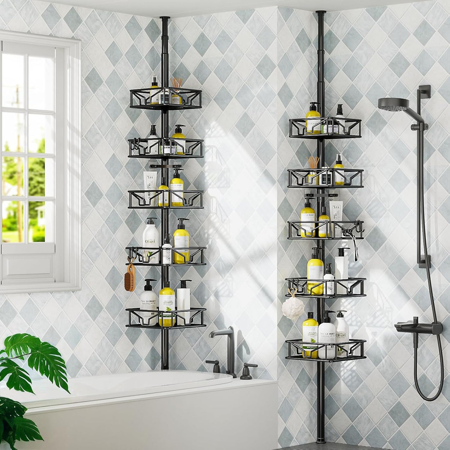 Skycarper 5-Tier Adjustable Corner Shower Caddy - Rustproof Tension Pole, 62-116 Inch, Black