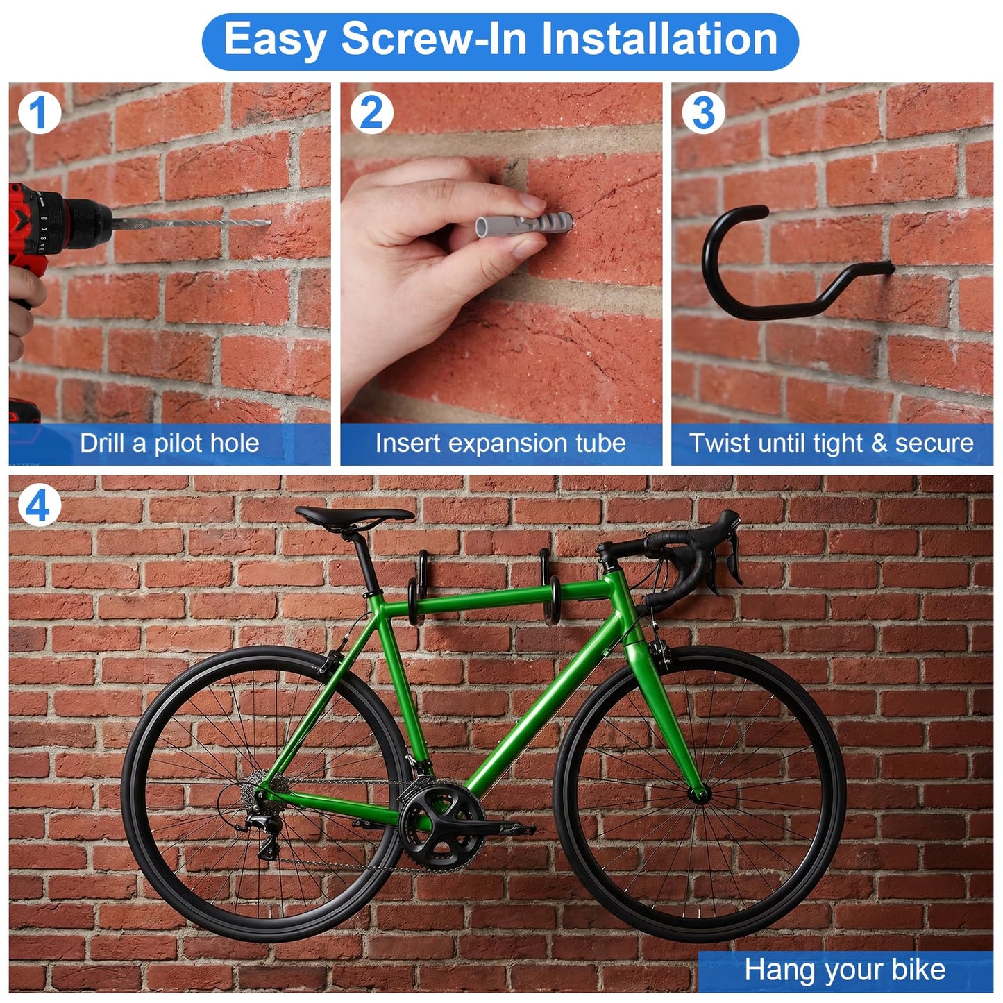 Garage Hooks Heavy Duty, Bike Hooks for Garage Wall Ceiling Mount, 100lbs Capacity Carbon Steel Bicycle Hangers with Anchors, Wide Opening Utility Storage Hooks for Mountain Road Bike Ladder 2 Pack
