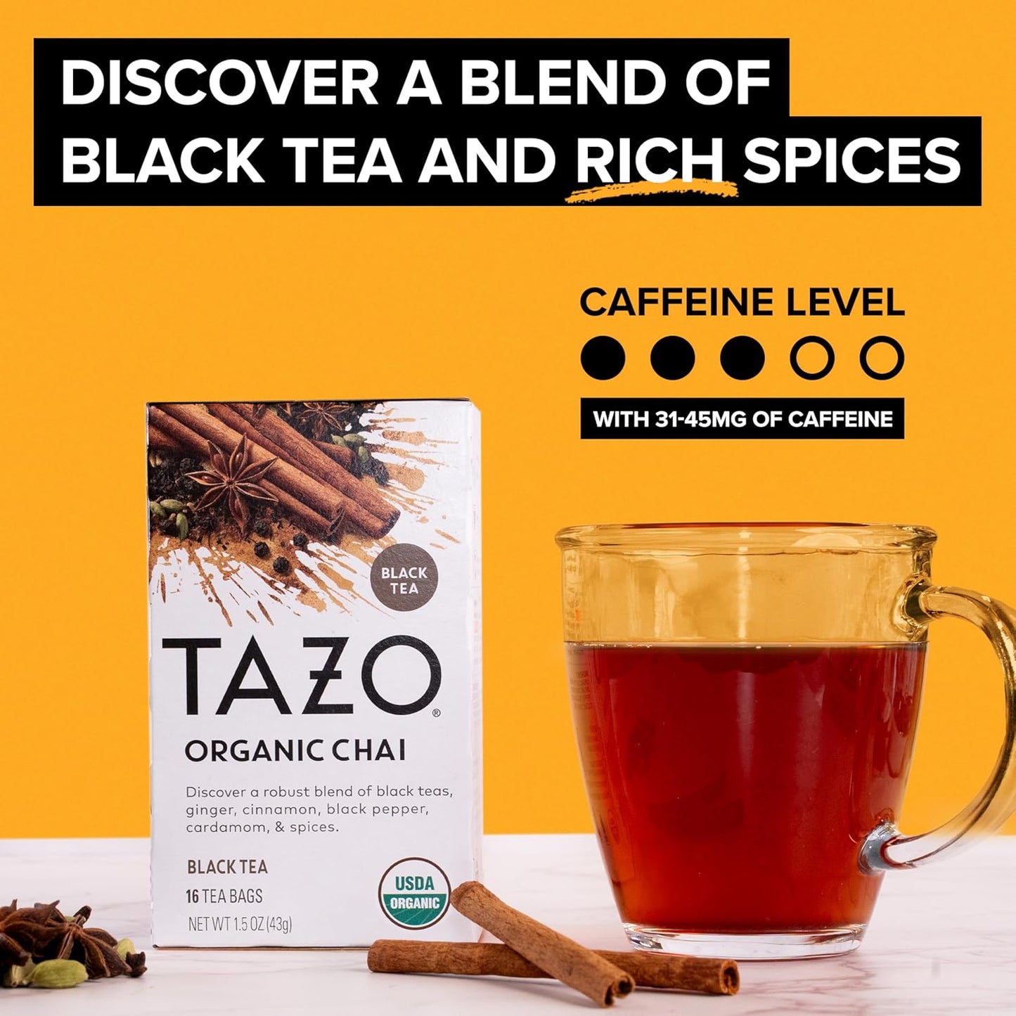 TAZO Organic Chai Black Tea Bags - Spiced Blend with Ginger, Cinnamon & Cardamom | 96 Total Bags (16ct x 6)