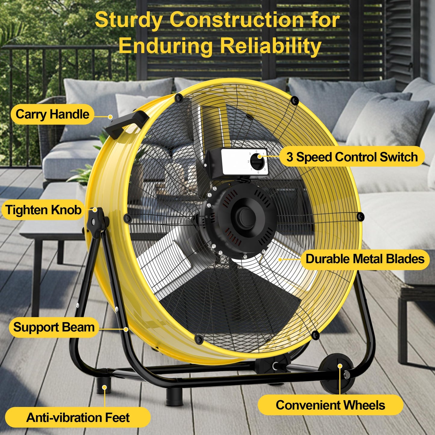 Uthfy 36 Inch High Velocity Floor Fan, 21800CFM Heavy Duty Industrial Drum Fan with 3 Speeds, 360° Tilt Metal Garage Fan with Wheels for Warehouse, Commercial, Workshop, Factory and Gym