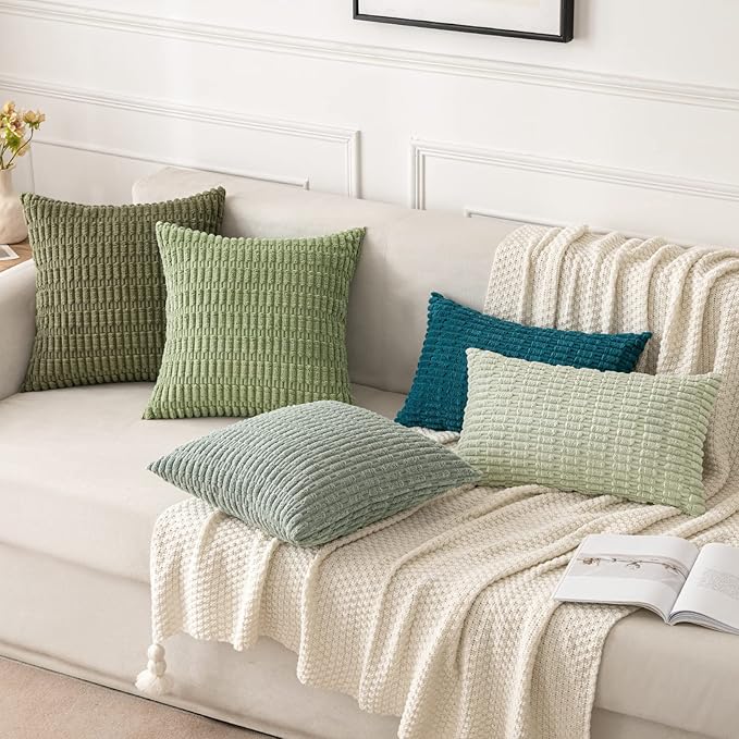 MIULEE Pack of 2 Spring Corduroy Decorative Throw Pillow Covers 20x20 Inch Soft Boho Striped Pillow Covers Modern Farmhouse Home Decor for Summer Sofa Living Room Couch Bed Sage Green
