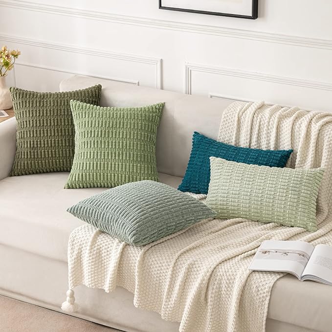 MIULEE Pack of 2 Spring Corduroy Decorative Throw Pillow Covers 20x20 Inch Soft Boho Striped Pillow Covers Modern Farmhouse Home Decor for Summer Sofa Living Room Couch Bed Greyish Green
