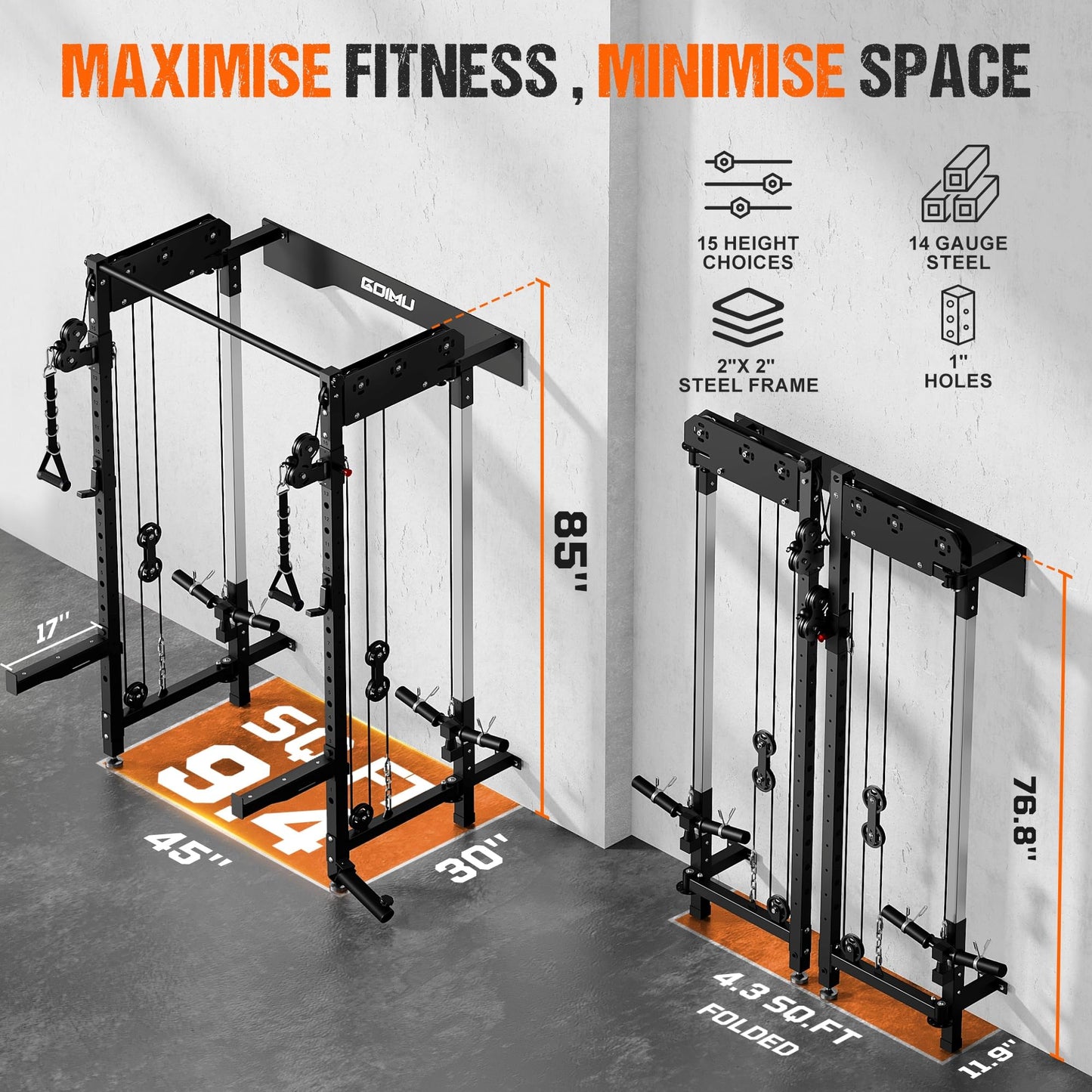 GOIMU WM3-V4 Folding Squat Rack, Wall Mounted Power Rack with Dual Independent Pulley System, Functional Trainer with 5 Adjustable Function Modes for Space Saving (WM3 Folding Cage Black)