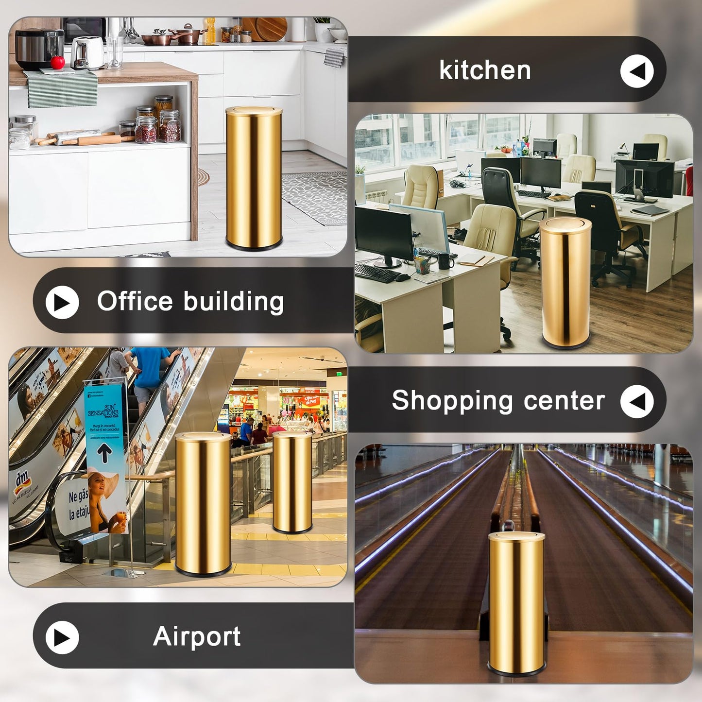 Reallnaive 2 Set 30L/8GAL Gold Lidded Trash Can with 200 Garbage Bags Metallic Gold Brass Kitchen Garbage Bin with Flip Lid Commercial Compact Waste Basket for Shopping Centers, Elevator Doors, Hotels