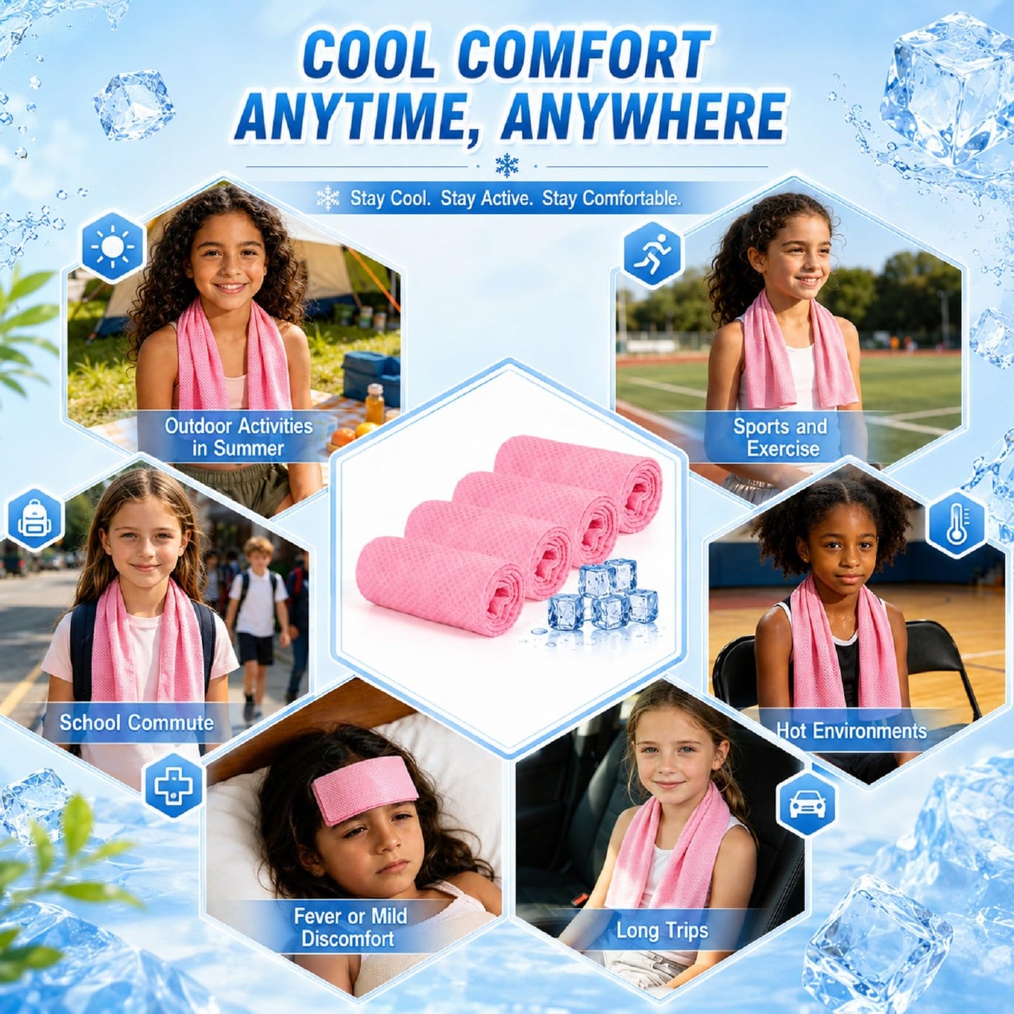 BobbleT Kids PVA Cooling Towels 4 Pack (30"x9") - Mini Instant Ice Cooling Towels for Neck & Face with UPF 50+ Sun Protection, Reusable Summer Heat Relief for Outdoor Activities, Pink