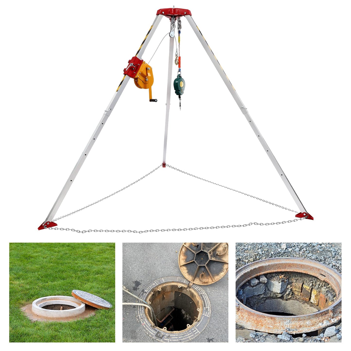 Confined Space Tripod Kit with 1800lbs Load Winch, Heavy Duty Confined Space Rescue Tripod with Self-Locking Device, Fall Arrester, 5.25-8ft Adjustable Working Height, 65.6ft Steel Wire
