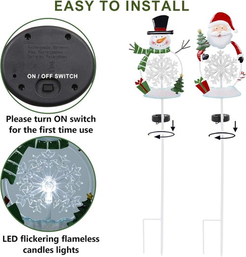 FORUP Solar Christmas Yard Decorations - Outdoor LED Snowflake Pathway Lights | Set of 2 Metal Garden Stakes