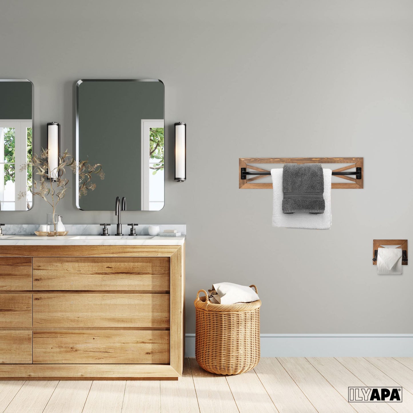 Ilyapa Rustic Towel Bar Toilet Paper Holder Set with Towel Ring for Bathroom- Wall Mounted Racks - Barnwood & Black Metal Bar, Farmhouse Decor
