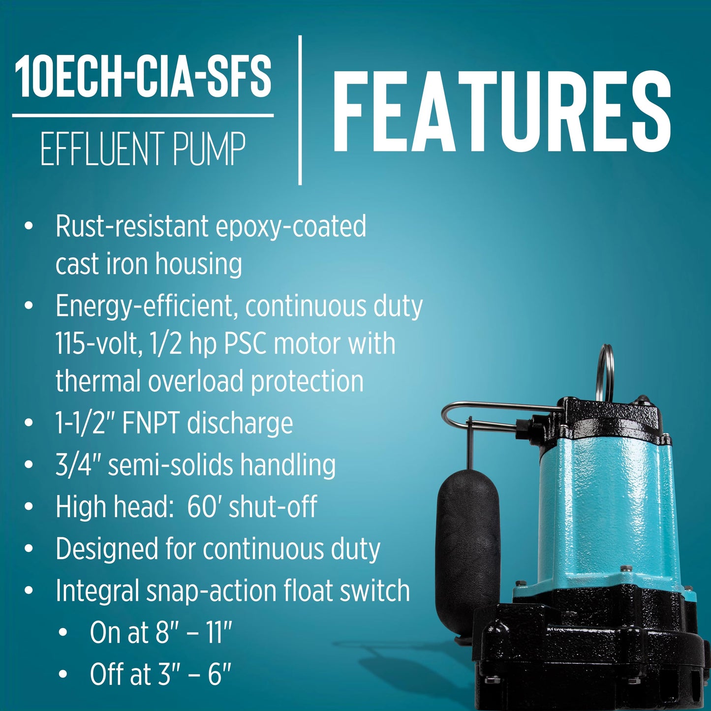 Little Giant 10ECH-CIA-SFS 115-Volt, 1/2 HP, 3600 GPH Automatic Submersible Cast Iron High Head Effluent Pump with Integral Snap-Action Float Switch and 20-Ft. Cord, Blue, 511623