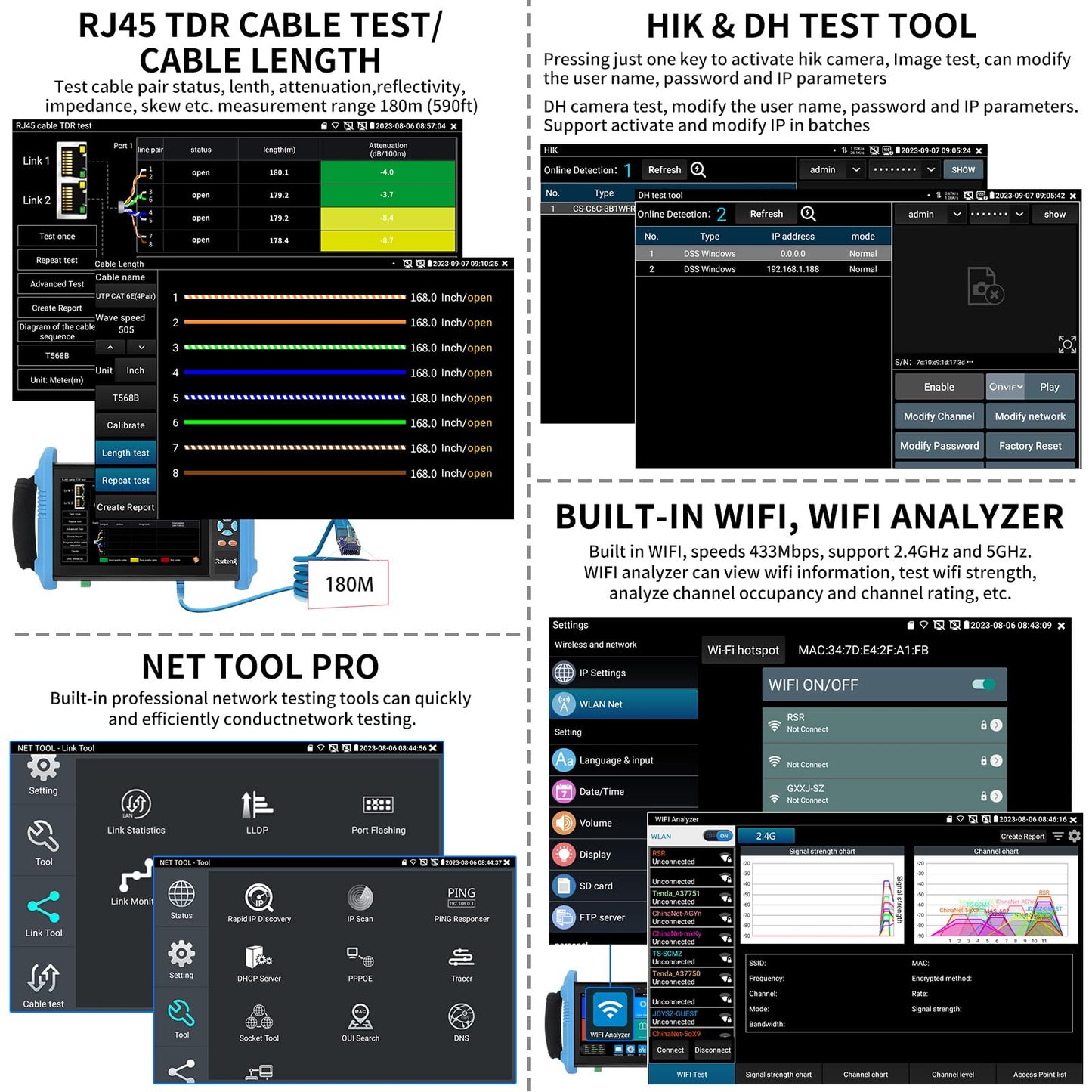 Rsrteng CCTV Camera Tester, 8K 32MP 4K 12MP IP Camera Tester with POE++, CVBS Camera Tester, 1CH SFP Interface 7" IPS Touch Screen Cable Tester Network Tool Support HDMI IPC Tester IPC-9800Pro