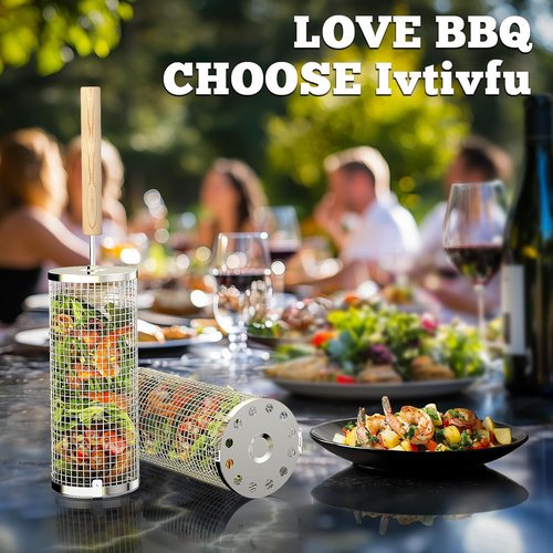 Ivtivfu Rolling Grill Basket - 304 Stainless Steel BBQ Tool with Removable Wooden Handle | Perfect for Outdoor Cooking & Camping