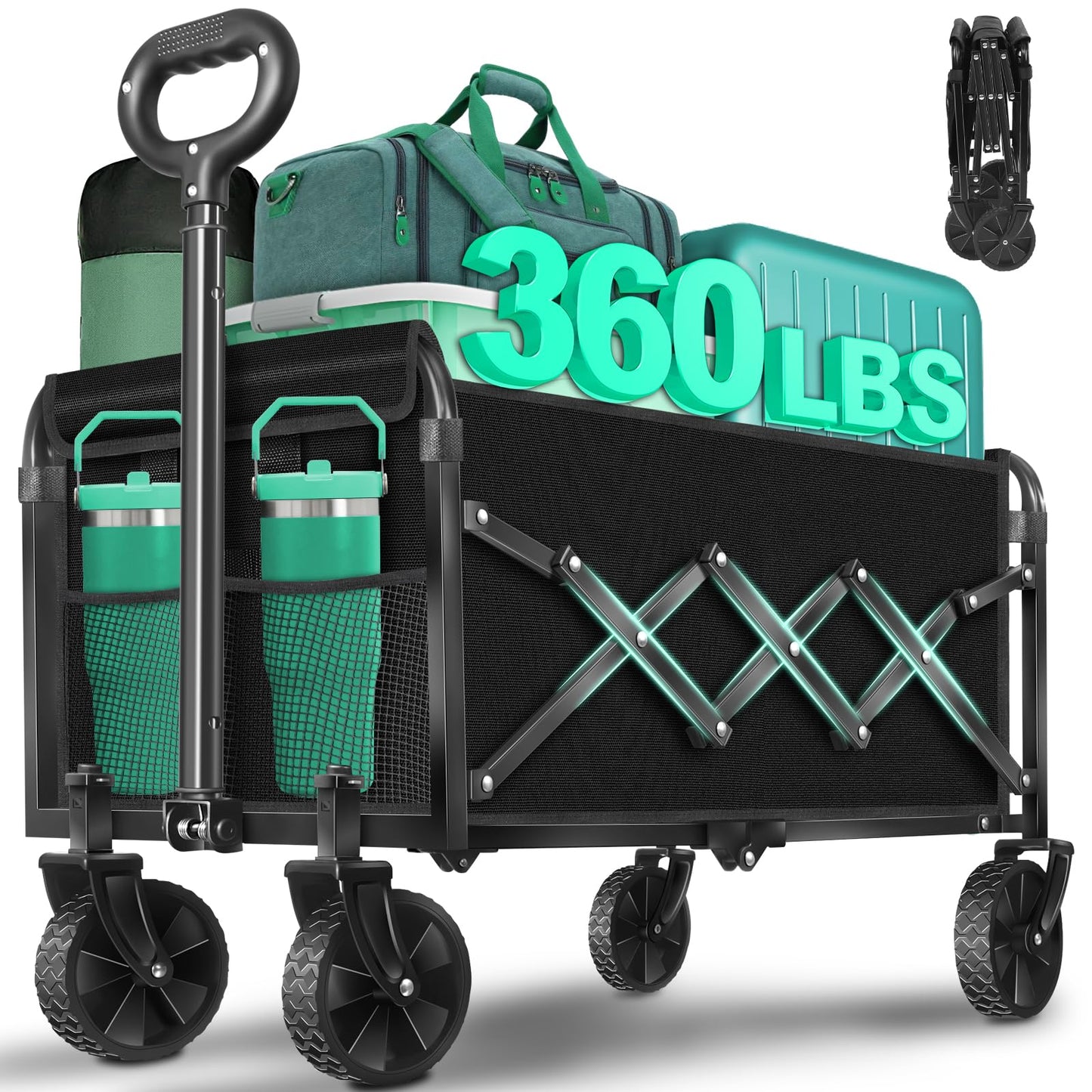 Collapsible Wagon Cart with Wheels Foldable, 360 lbs Heavy Duty Folding Utility Wagon - Portable All Terrain Grocery Cart for Groceries/Shopping/Outdoor/Camping/Fishing/Sports