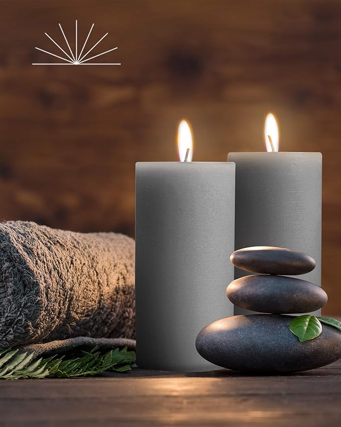 Mottled Pillar Candles by Bask - Set of 6-3" x 6" Dripless Unscented Candles in Grey for Home Decor, Relaxation & All Occasions