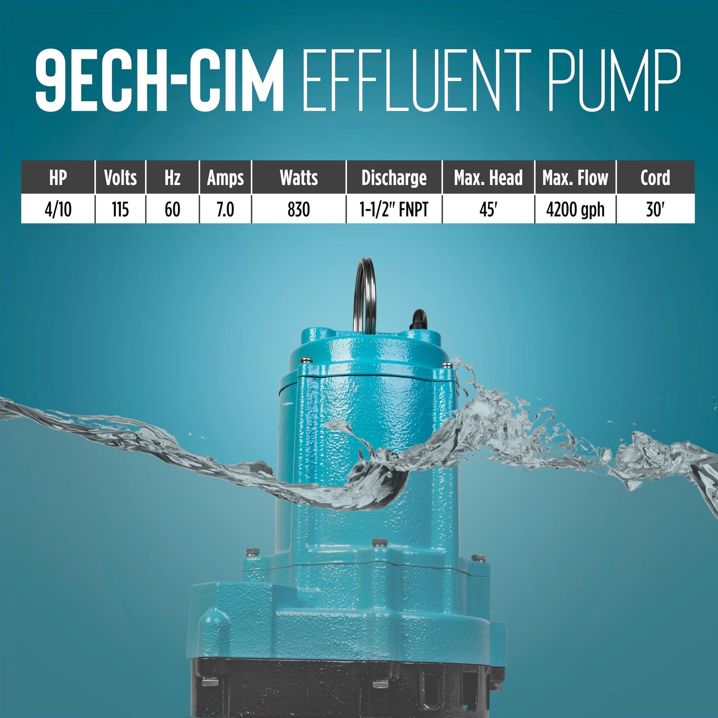 Little Giant 9ECH-CIM 115-Volt, 4/10 HP, 4200 GPH Manual Submersible Cast Iron High Head Effluent Pump with 30-Ft. Cord, Blue, 509533
