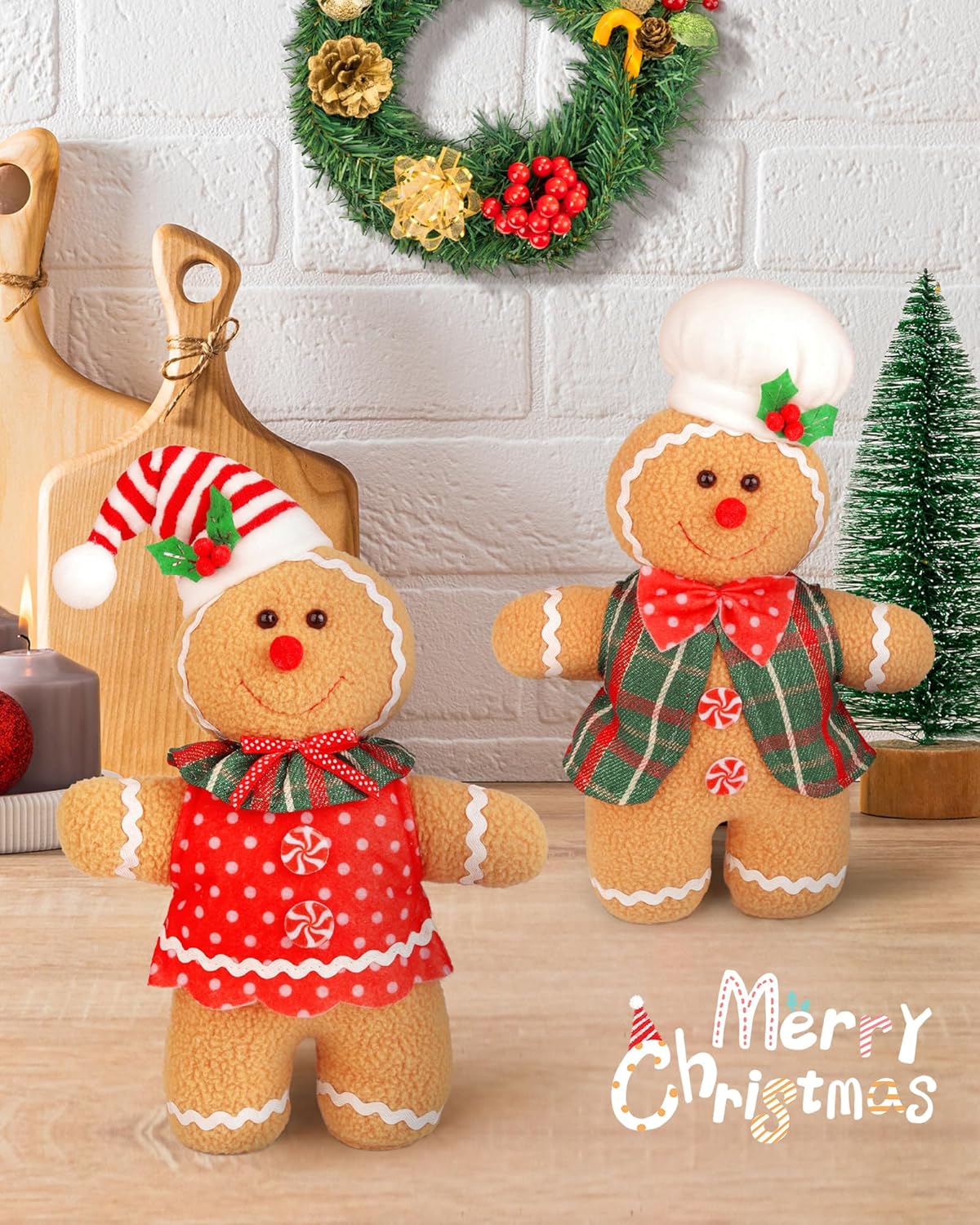 D-FantiX Gingerbread Man Plush Doll Set - 2 Handmade Stuffed Animal Toys for Christmas Decor