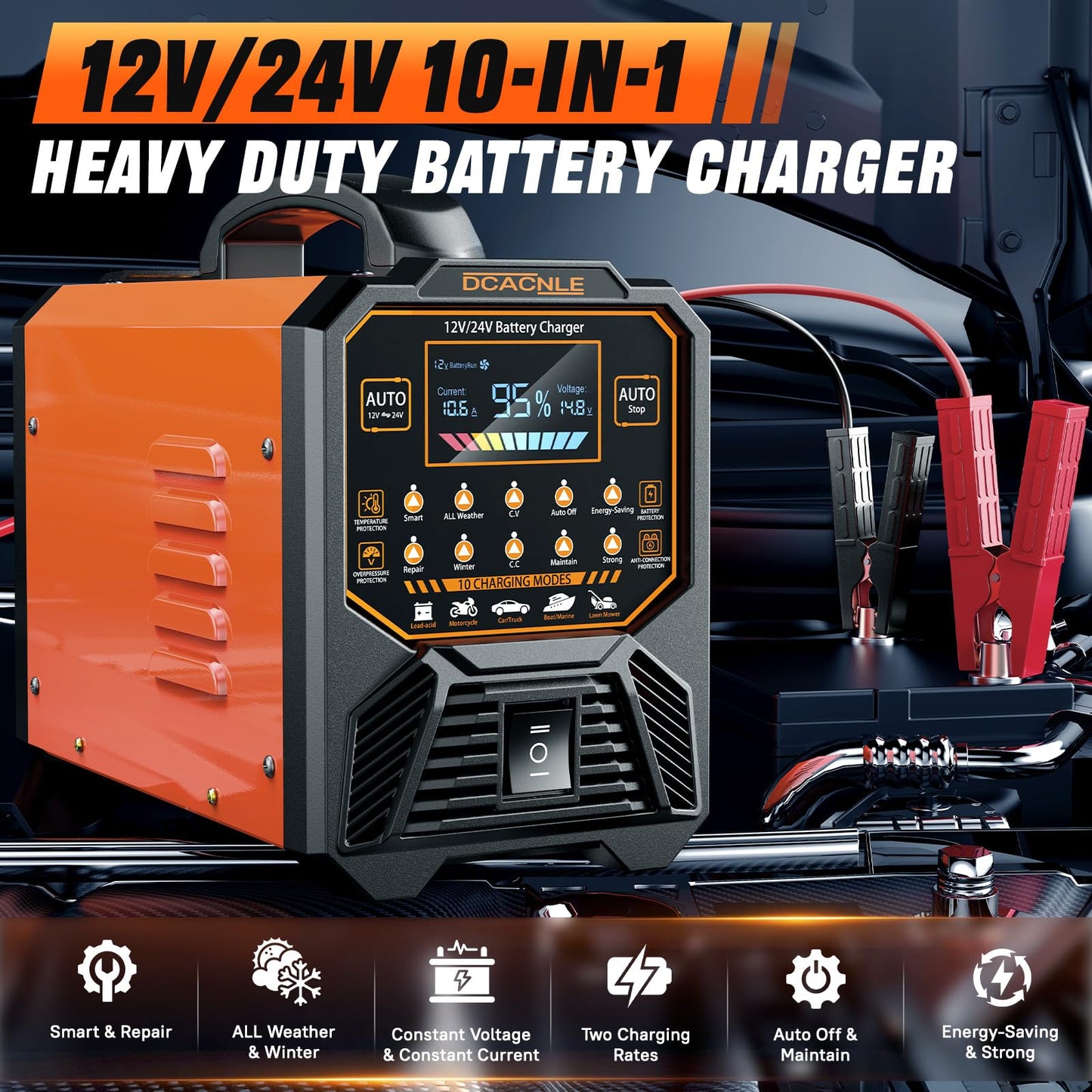 DCACNLE Car Battery Charger Heavy Duty,12V/24V Portable Smart Trickle Charger Battery Maintainer,Maintenance/Winter Mode,for AGM Auto Motorcycle Truck Rv Lawn Mower - for Lead Acid Batteries