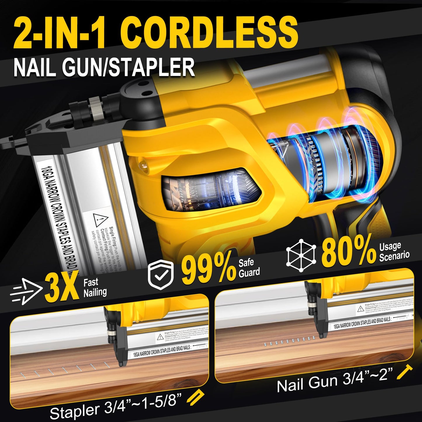 SILVEL 2" Cordless Brad Nailer, 2-in-1 21V Electric Brad Nailer with 2 * 2.0Ah Battery, 1000pcs Nails, 18GA Staples, Adjustable Depth for Woodworking, Home Improvement, yellow