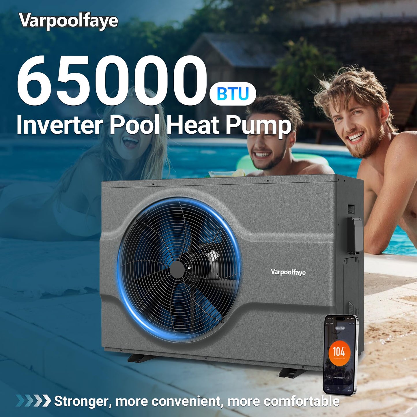 Varpoolfaye 65000 BTU Inverter Electric Pool Heat Pump For Above Ground Pool Heater 21000 Gallons 220v 240v Wifi Control Spa