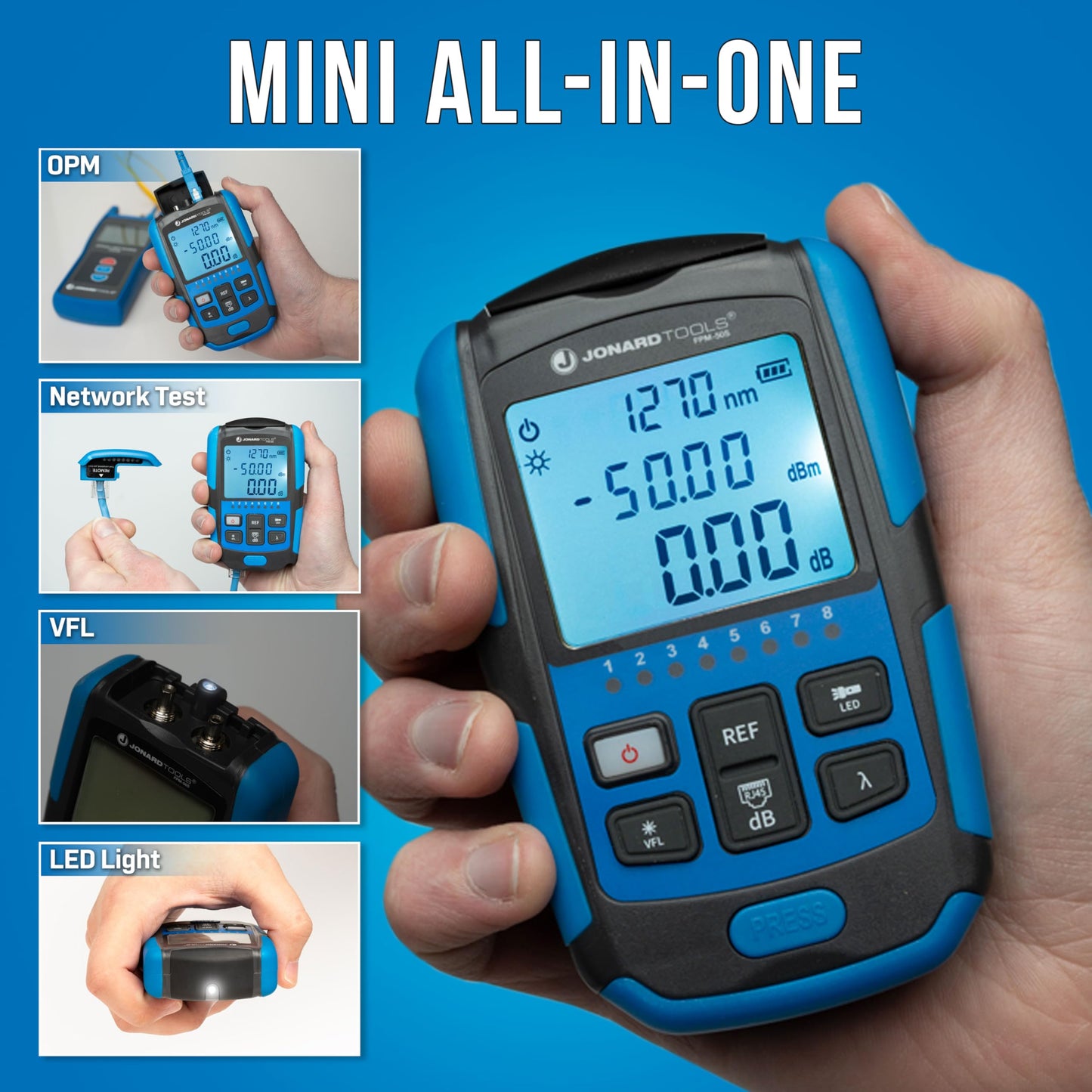 Jonard Tools FPL-5050S Mini Fiber Optic Power Meter & Light Source Kit, Single Mode 1310/1550nm, Optical Loss Tester, Built-in VFL, RJ45 Cable Tester