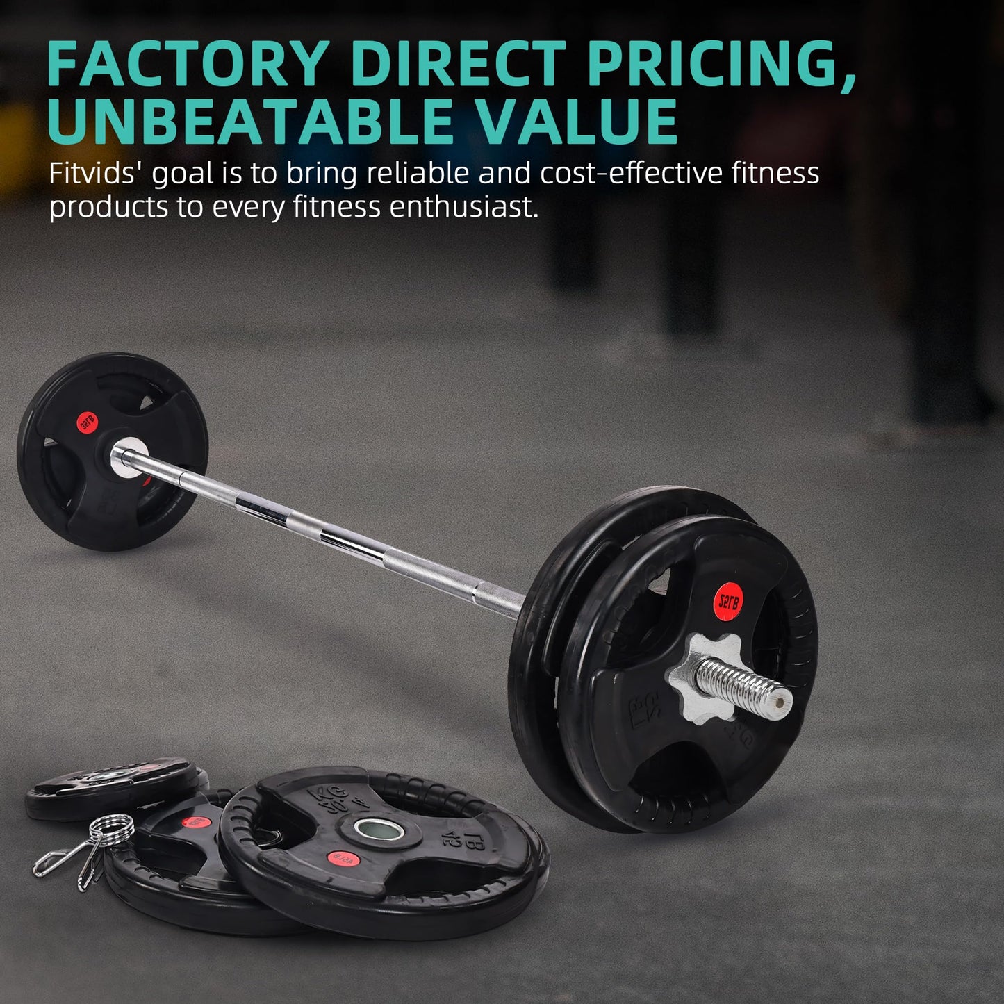 Fitvids 1 Inch Standard Barbell Weight Plates and Bar Set, 5 FT Barbell Bar and 35 LB(2.5-10 LB) Barbell Weight Set for Home Gym Strength Training, Rubber Coate Design