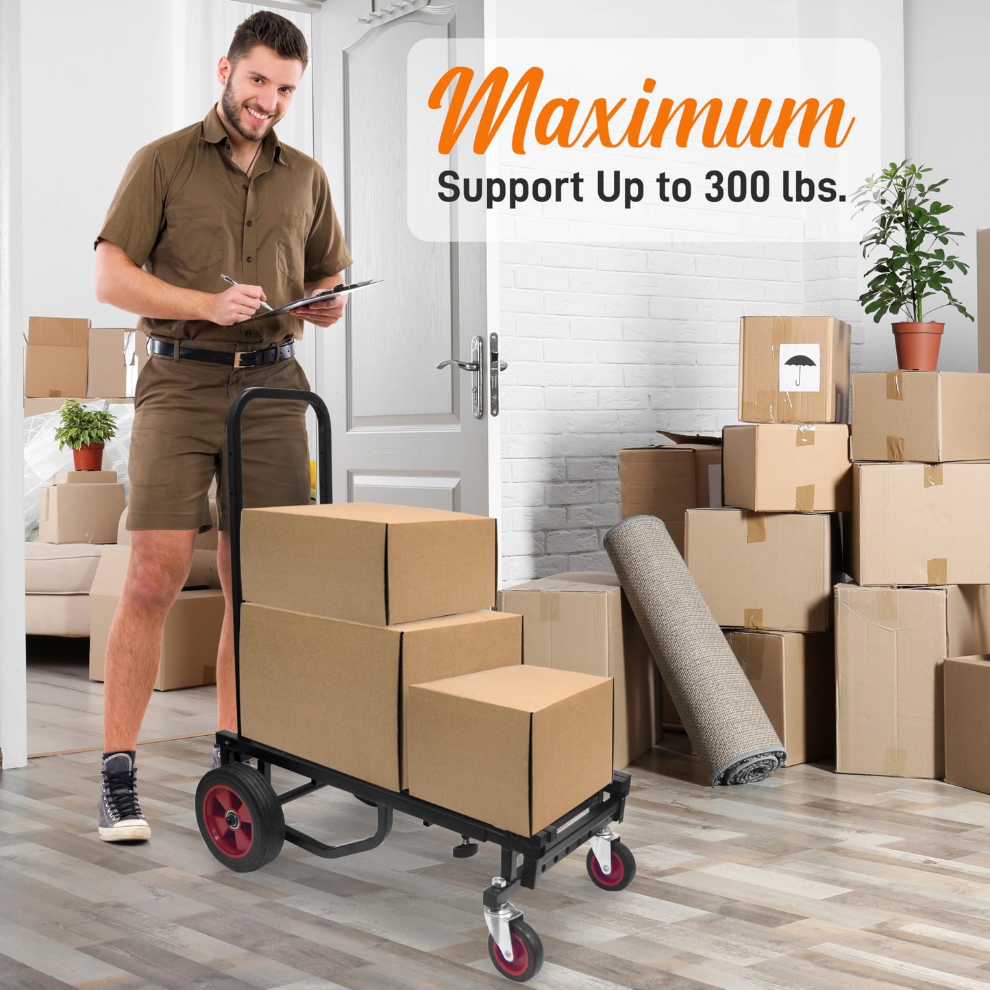 Pyle Compact Folding Adjustable Equipment Dolly - Heavy Duty 8-in-1 Convertible Cart Hand Truck/Dolly/Platform Cart with R-Trac Wheels - Expandable Up to 27.52'' to 44.25'' - 300 LBS MAX LOAD CAPACITY